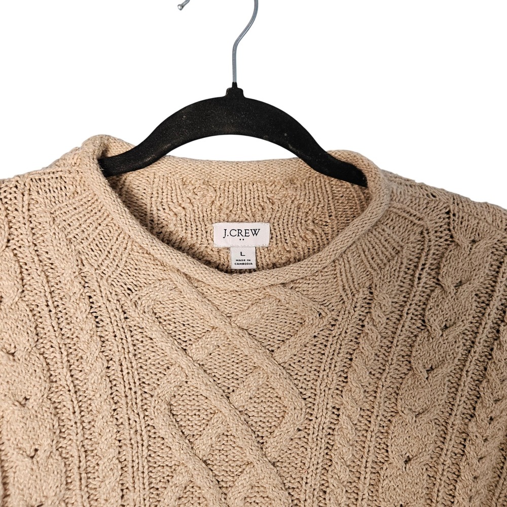 J.‎ Crew Beige Roll Neck Cable Knit Fisherman Sweater Large Preppy Minimalist - Picture 2 of 6